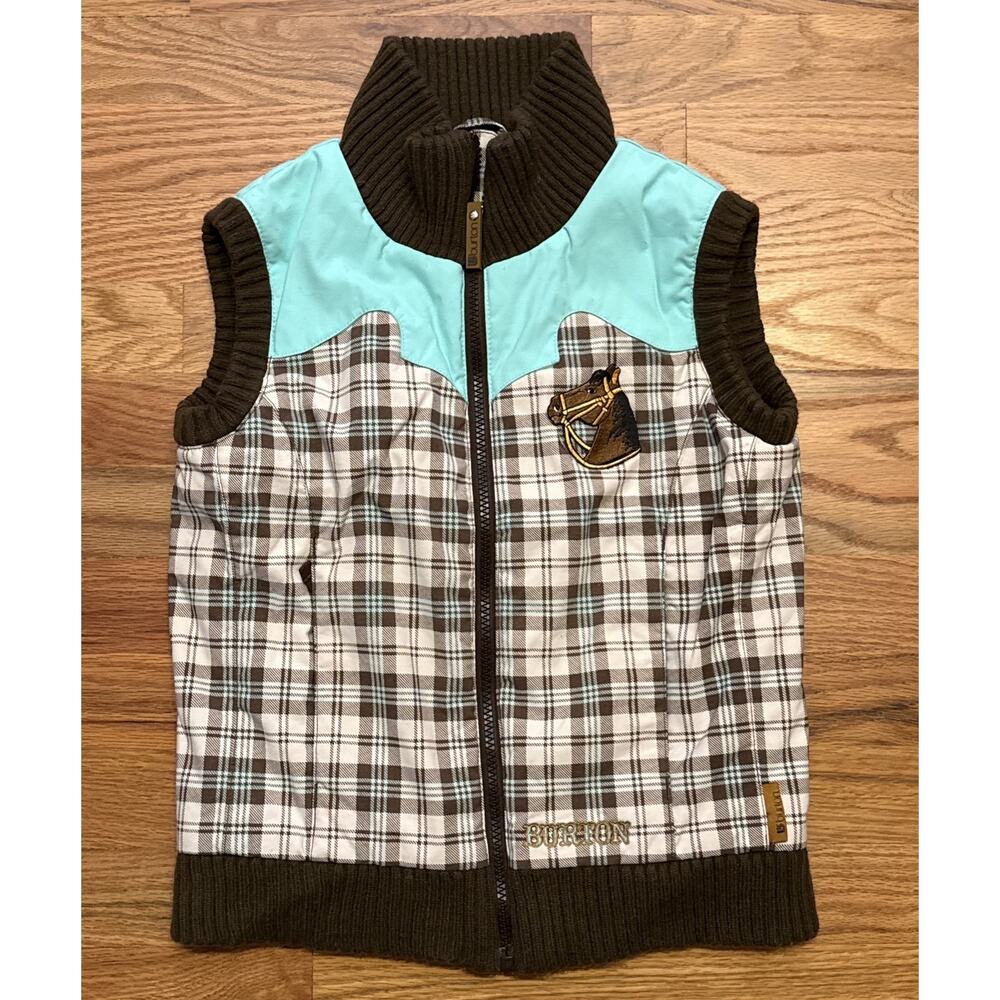 BURTON Snowboard Ski Vest Girls Size Medium Plaid Blue Brown Full Zip Knit Trim